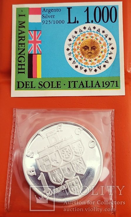 Италия 1 Маренго 1971 серебро Пруф Asiago буклет