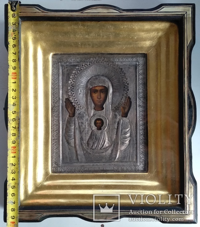 Старинная Икона в  киоте ( Образ Знамение Пр. Богородицы, оклад серебро 84-й пробы  )., фото №3