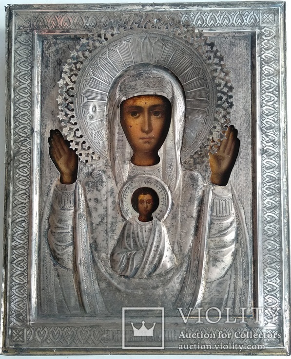 Старинная Икона в  киоте ( Образ Знамение Пр. Богородицы, оклад серебро 84-й пробы  )., фото №5