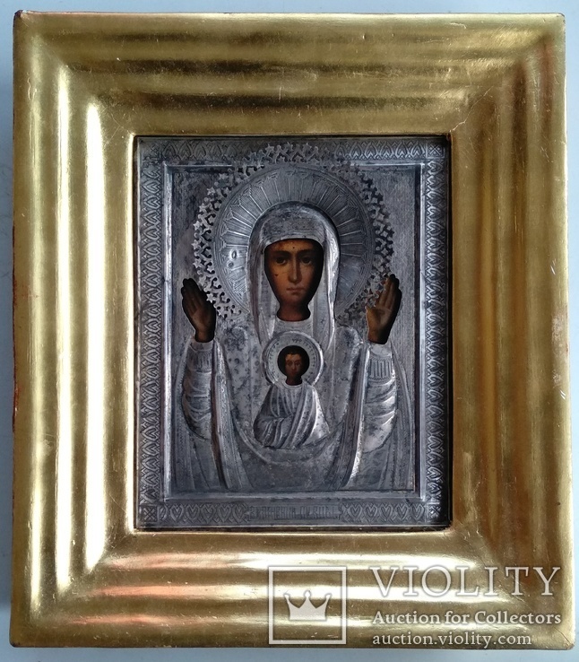 Старинная Икона в  киоте ( Образ Знамение Пр. Богородицы, оклад серебро 84-й пробы  )., фото №11