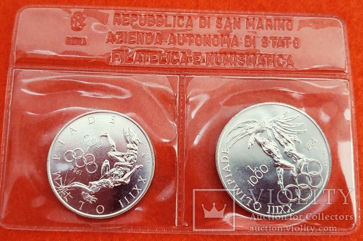 Сан Марино 1000 и 500 лир 1984 АНЦ серебро Олимпиада запайка, фото №2
