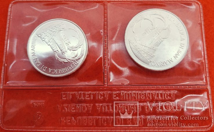 Сан Марино 1000 и 500 лир 1984 АНЦ серебро Олимпиада запайка, фото №3