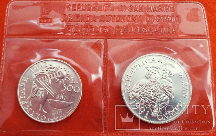 Сан Марино 1000 и 500 лир 1991 АНЦ серебро Олимпиада запайка, фото №2