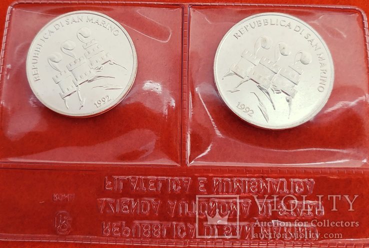 Сан Марино 1000 и 500 лир 1992 АНЦ серебро Олимпиада запайка, фото №3