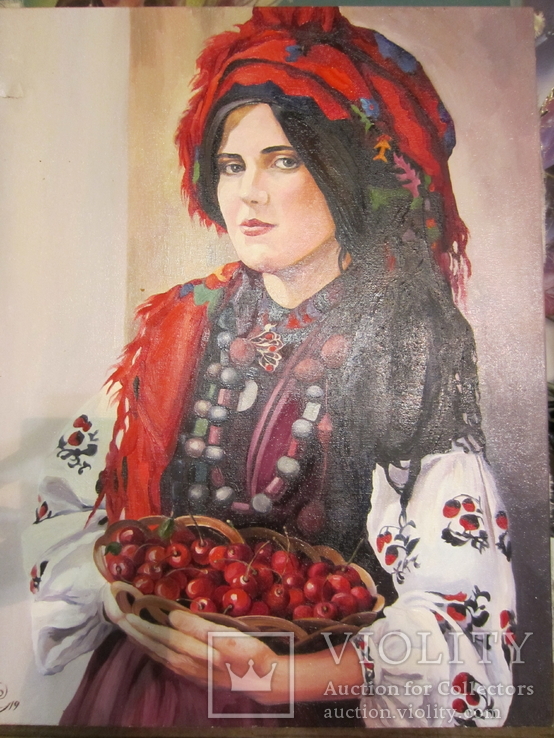 Картина "Україночка з вишнями", маслом на холсті, 50х40 см. Оригінал