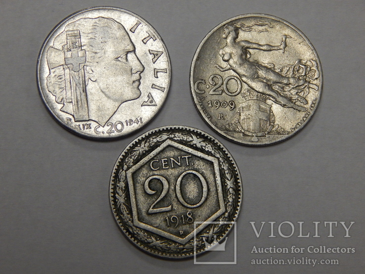 3 монеты по 20 центесими, Италия