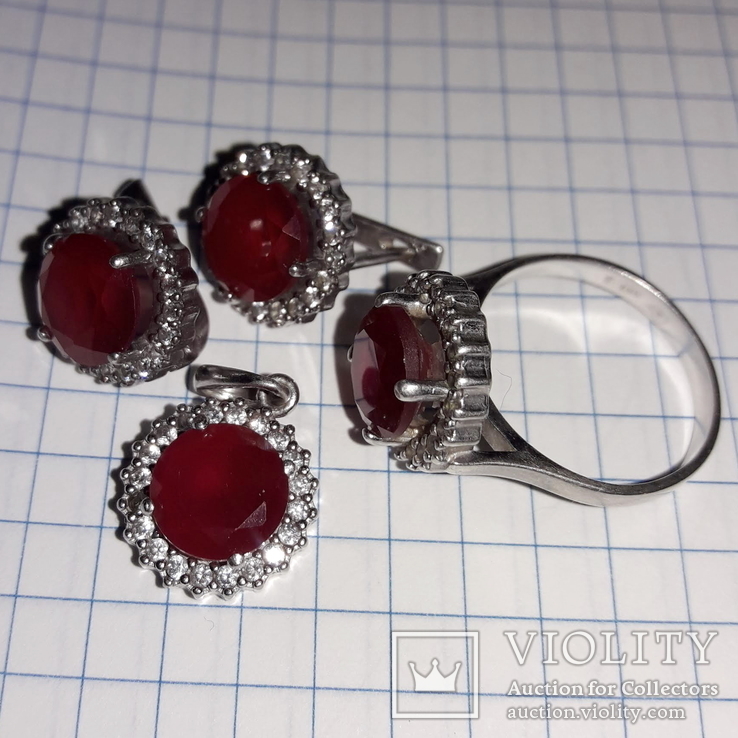 Серьги, кольцо и подвес, серебро 925, рубин, фото №2