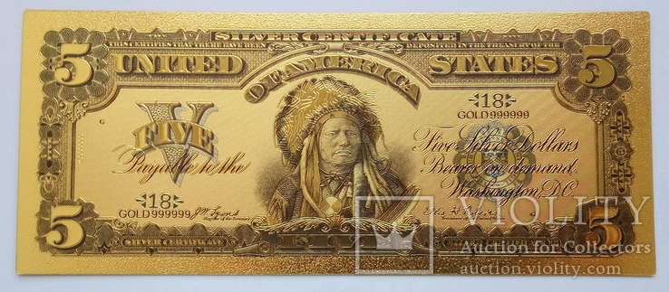 Золотая банкнота 5 долларов США, фото №2