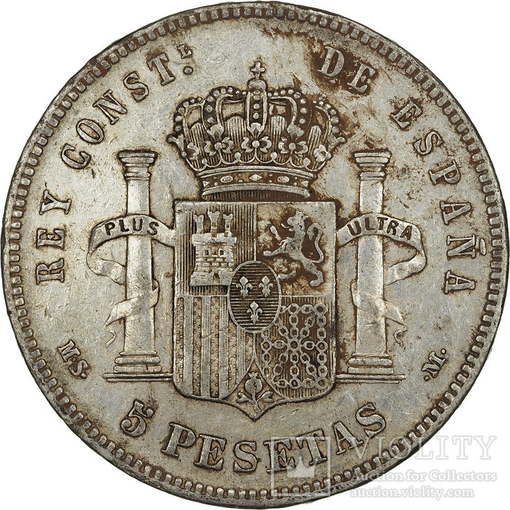 Испания 5  песет 1887 (1885) года  Альфонсо XII, фото №3