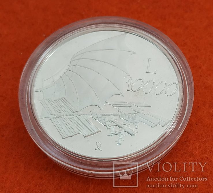 Италия 10000 лир 2000 серебро ПРУФ Самолет Леонардо да Винчи, фото №2