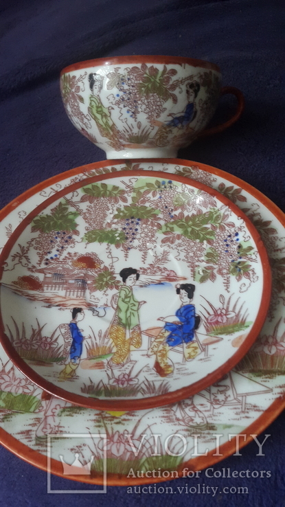 Старинная чашка с блюдцем и тарелкой из тончайшего фарфора Япония, фото №6