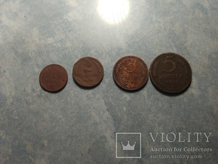 Медные монеты СССР номиналом 1,2,3,5 копеек 1924 года, фото №2
