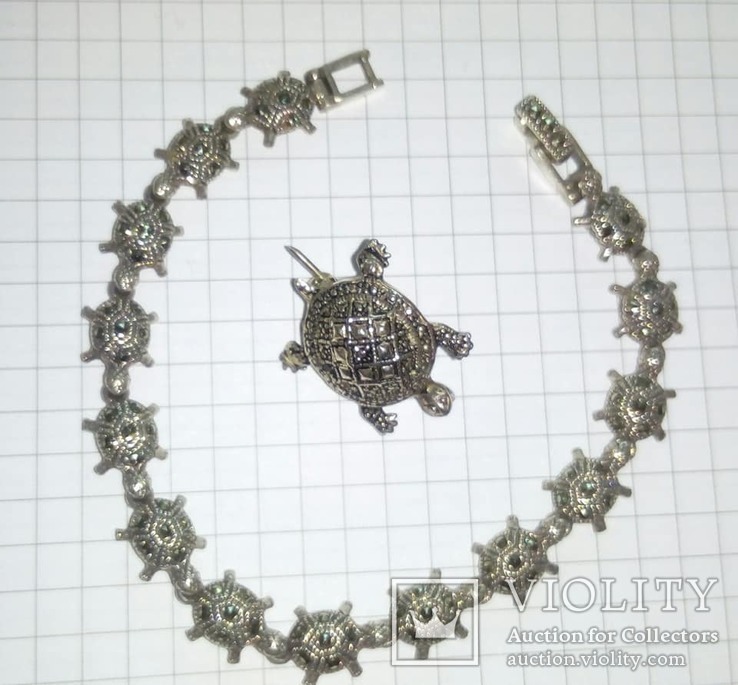 Итальянский набор с черепашками, браслет и брошь, серебро 925 и марказиты, фото №4