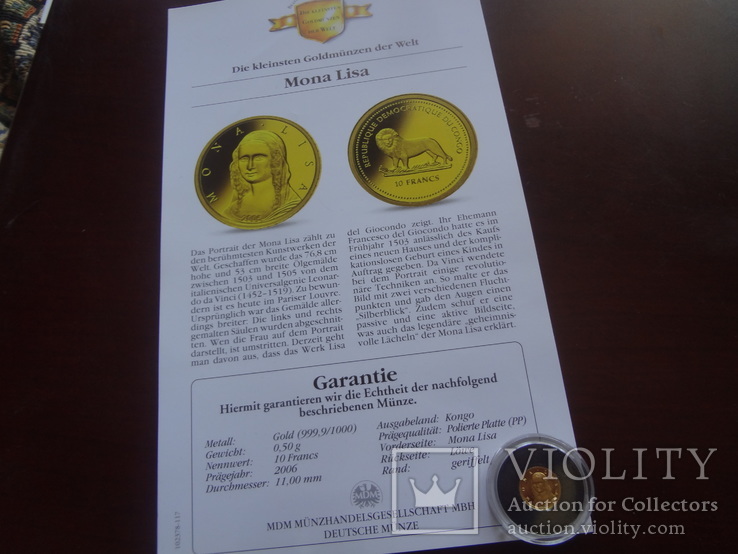 10 франков 2006 Конго  золото 999 Мона Лиза, фото №6
