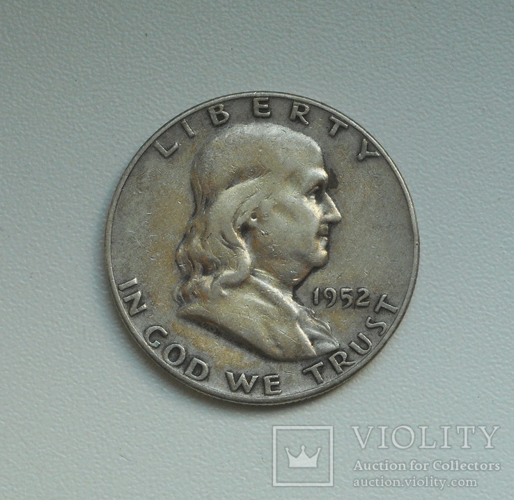 США 1/2 доллара 1952 г. (D) серебро Франклин, фото №2