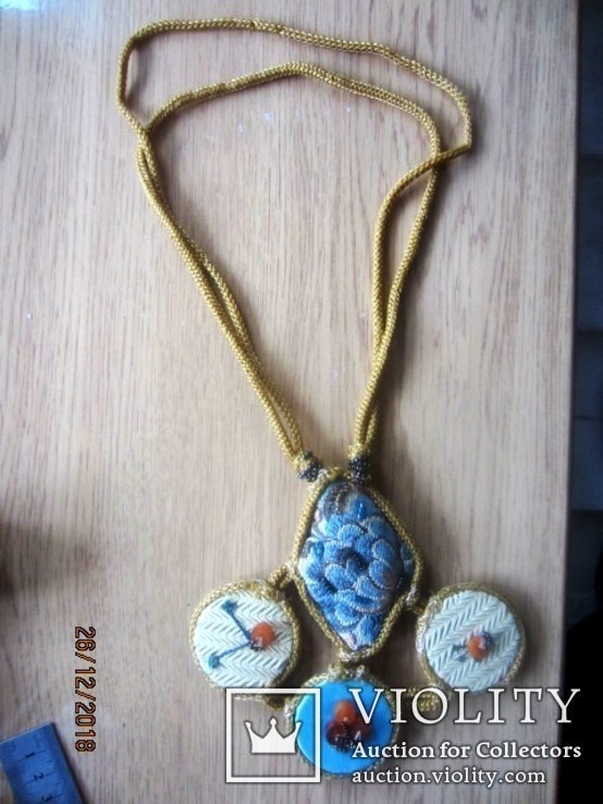 Винтаж текстильное ожерелье янтарь