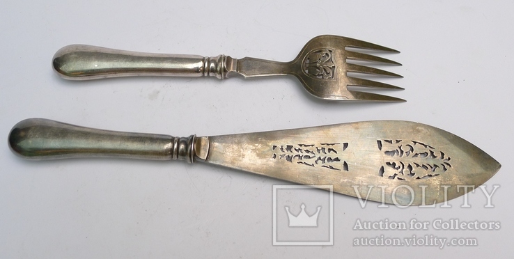 Старинный нож и вилка для рыбы. Серебро ( рукоятки ) 301 грамм., фото №10