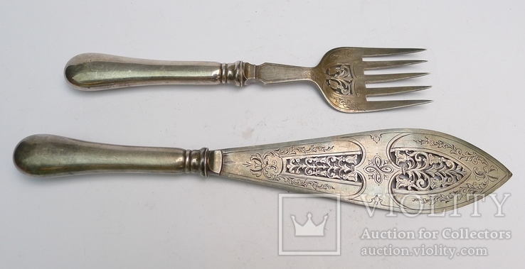 Старинный нож и вилка для рыбы. Серебро ( рукоятки ) 301 грамм., фото №11