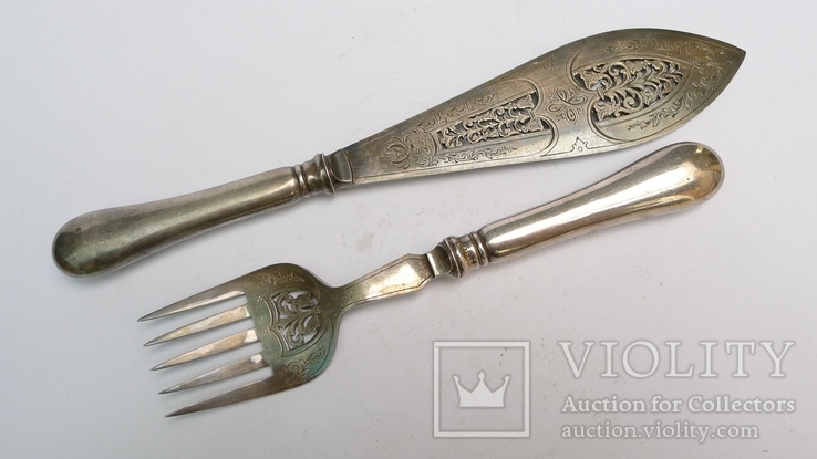Старинный нож и вилка для рыбы. Серебро ( рукоятки ) 301 грамм., фото №12