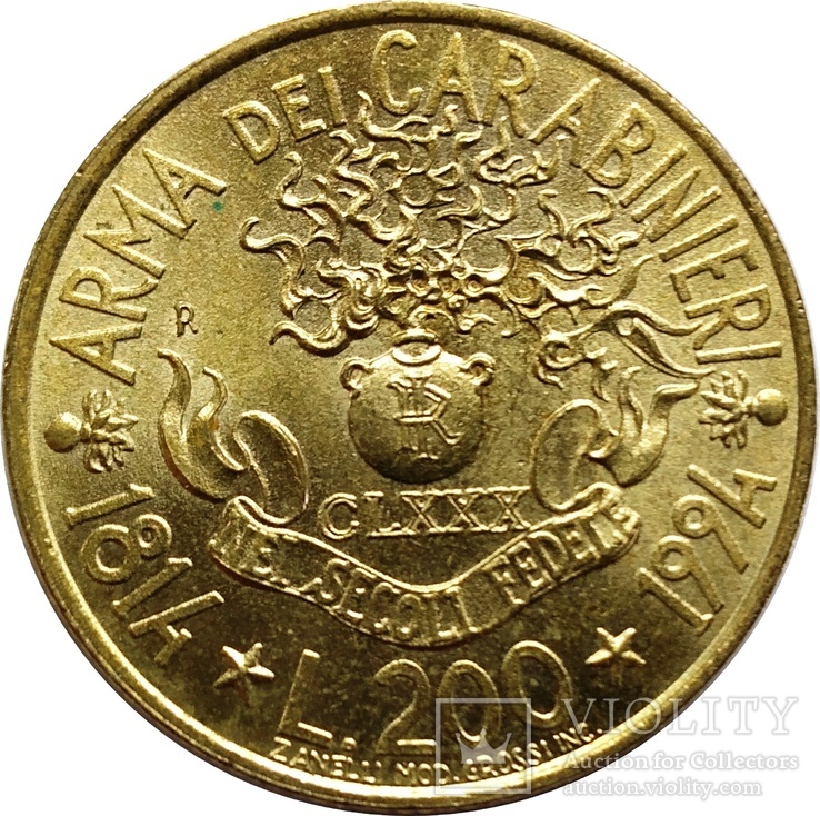 Италия 200 лир, 1994 180 лет карабинерам, фото №2