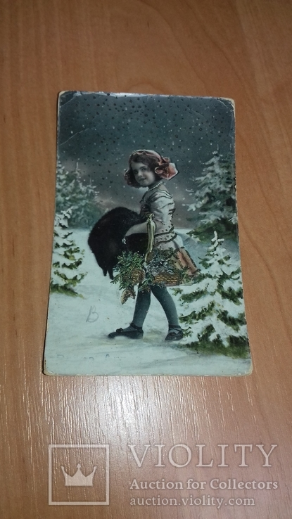 Открытка Франция. Начало ХХ в. Девочка в лесу. Зима. Снег. Дети, фото №2
