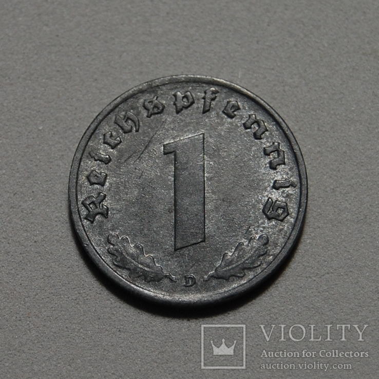 Германия - 1 Reichspfennig 1943 D - (XF), фото №2