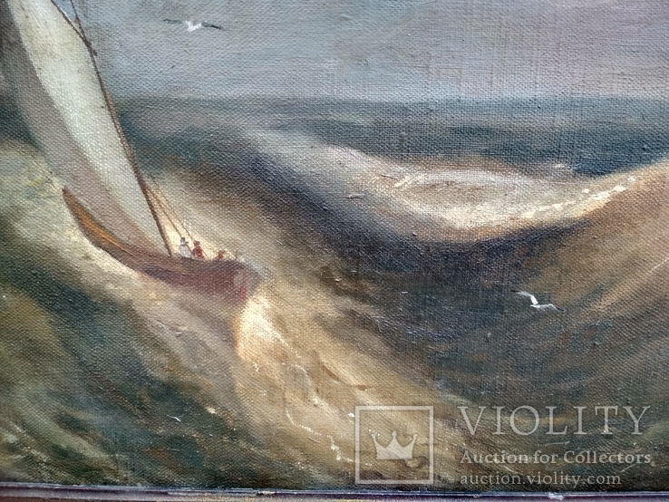 Лодка в шторме холст масло старая работа 38 на 52 см, фото №5