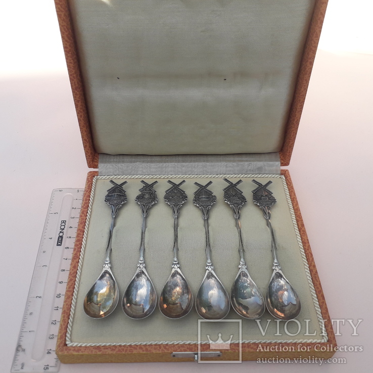 6 сувенирных чайных ложек в родной коробке, серебро, 85 гр., Голландия, мельница, Philips