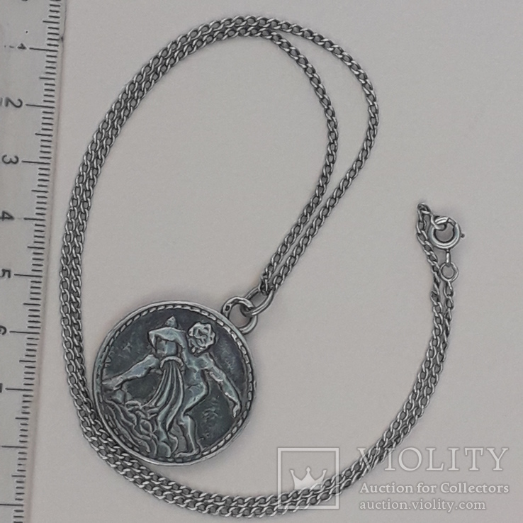 Цепочка (52 см) с медальоном - Водолей, серебро, 14+ грамм, Франция