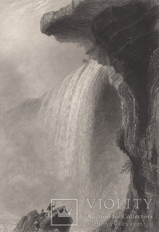Старинная гравюра. 1839 год. Ниагарский водопад из-под Столовой скалы. (26,8х20,5см.).