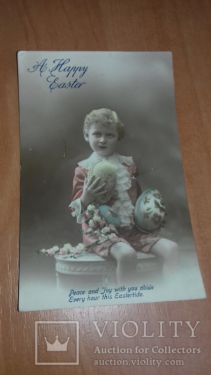 Открытка Англия. 1916 г. Счастливой Пасхи. Мальчик. Яйца. Цветы, фото №2
