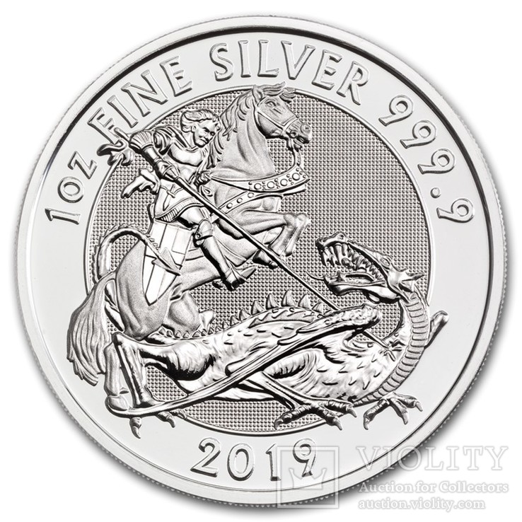 2019 г - 2 фунта Великобритания,Святой Георгий и Дракон,капсула,унция серебра
