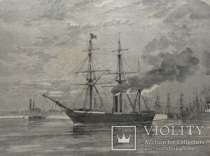 Старинная гравюра. 1858 год. Корабль с членами палаты общин. (41х29см.)., фото №2