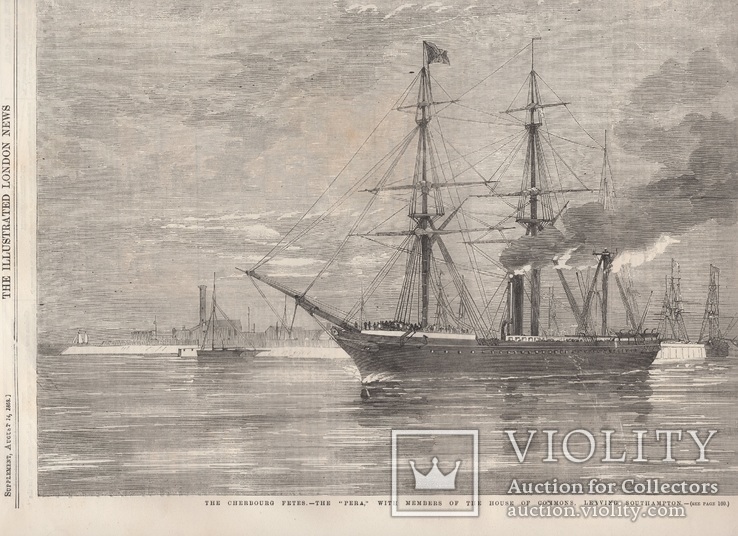 Старинная гравюра. 1858 год. Корабль с членами палаты общин. (41х29см.)., фото №3