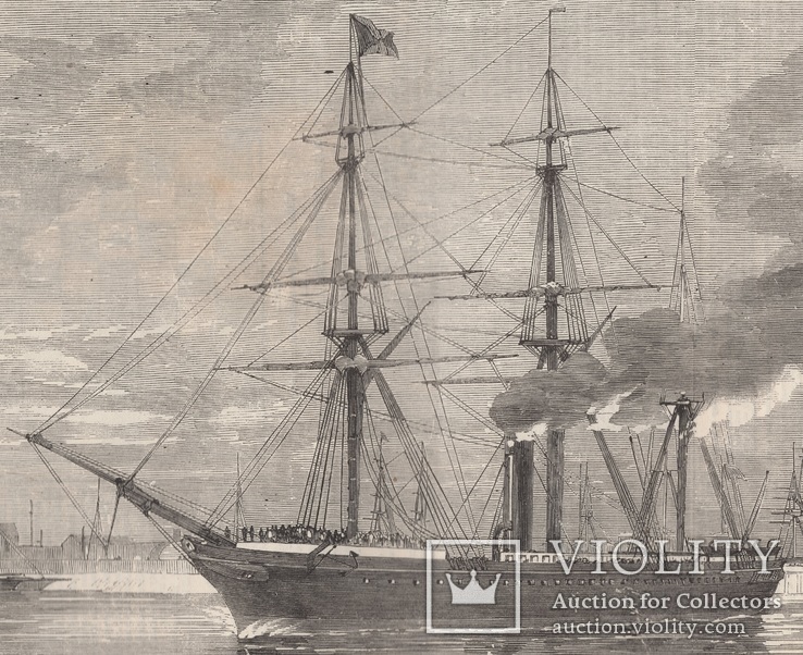 Старинная гравюра. 1858 год. Корабль с членами палаты общин. (41х29см.)., фото №4