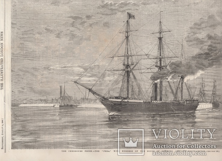 Старинная гравюра. 1858 год. Корабль с членами палаты общин. (41х29см.)., фото №5