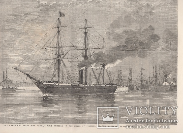 Старинная гравюра. 1858 год. Корабль с членами палаты общин. (41х29см.)., фото №12
