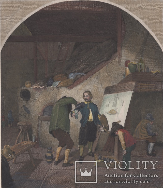 Старинная цветная гравюра. 1840 год. Художник. Сцена из жизни Брауэра. (26,7х20,5см.)., фото №2