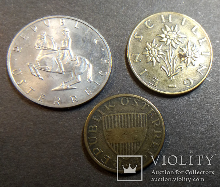 Монеты Австрии 5 шиллингов 1995 1 шиллинг 1974 50 грошей 1961, фото №2