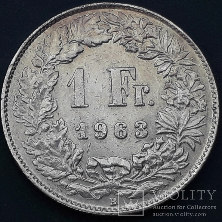 1 франк, Швейцария, 1963 год, серебро 835-й пробы, 5 грамм, фото №2
