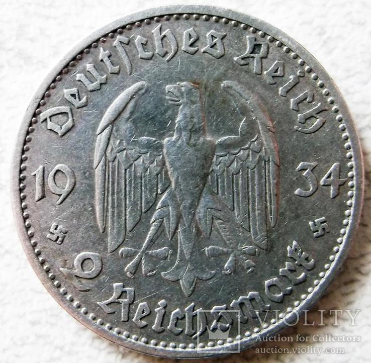 Германия,монета 2 марки,3 й рейх,1934 год (серебро оригинал) (A), фото №3