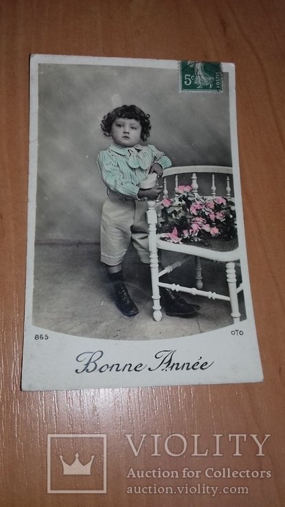 Открытка Франция. Начало ХХ в. Мальчик около стула. Дети. Цветы, фото №2