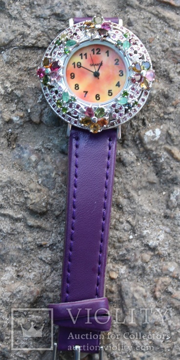 Серебряные часы с натуральными Изумрудами,Турмалинами и Гранатами., фото №6