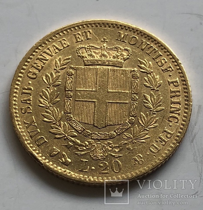 20 лир 1858 год Италия Сардиния золото 6,45 грамм 900’, фото №3