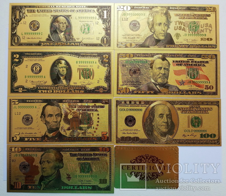 Набор золотых банкнот ДОЛЛАРЫ США (7 шт.+сертификат), фото №2