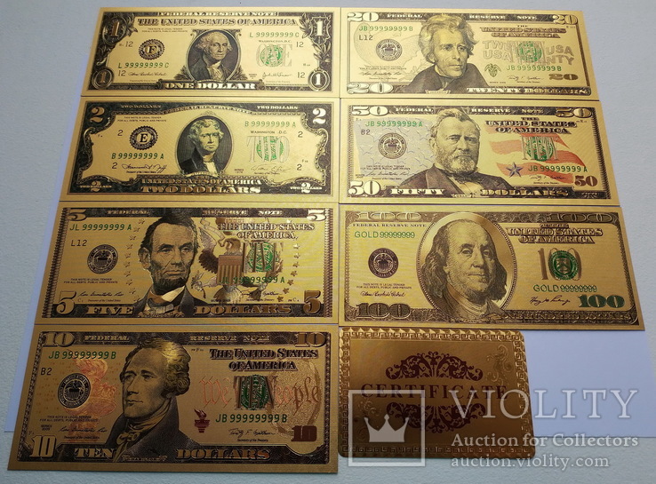Набор золотых банкнот ДОЛЛАРЫ США (7 шт.+сертификат), фото №3