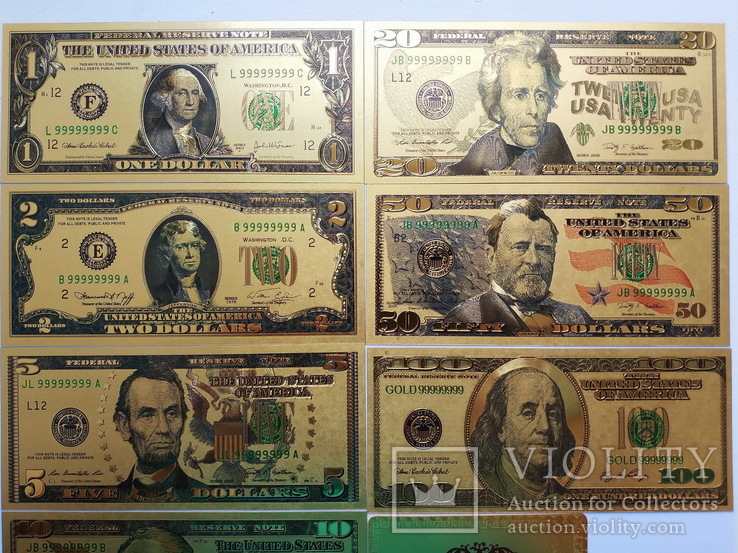 Набор золотых банкнот ДОЛЛАРЫ США (7 шт.+сертификат), фото №6