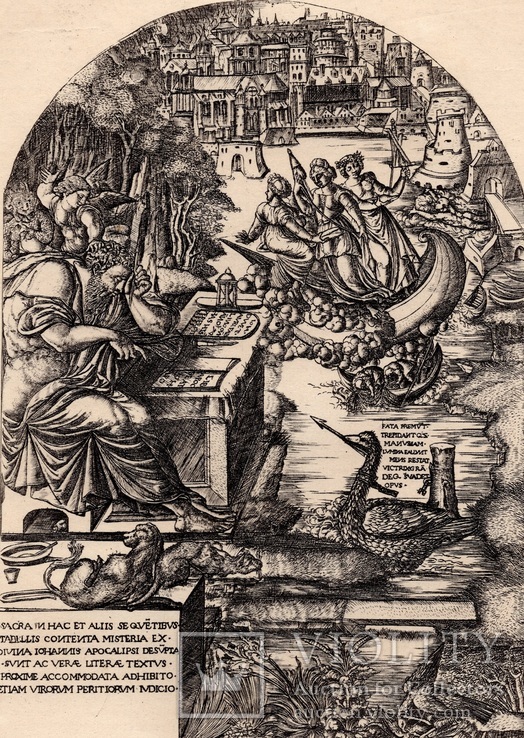 Старинная гравюра. 1555 годa. Апокалипсис. Жан Дюве, Дюранд. Бумага верже. (22х14см.).