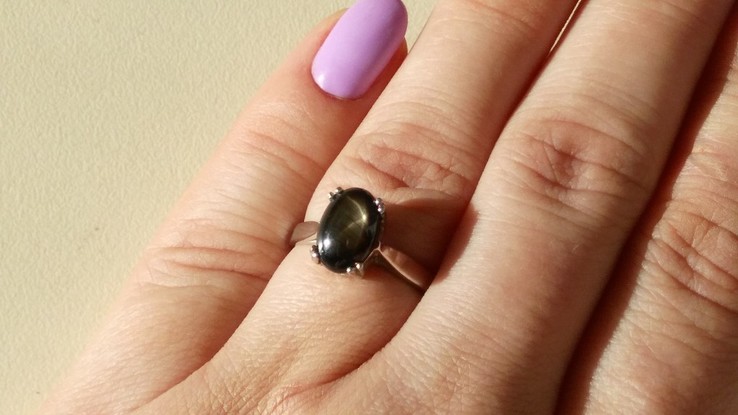 Кольцо серебряное 925 натуральный черный звездный сапфир., фото №7