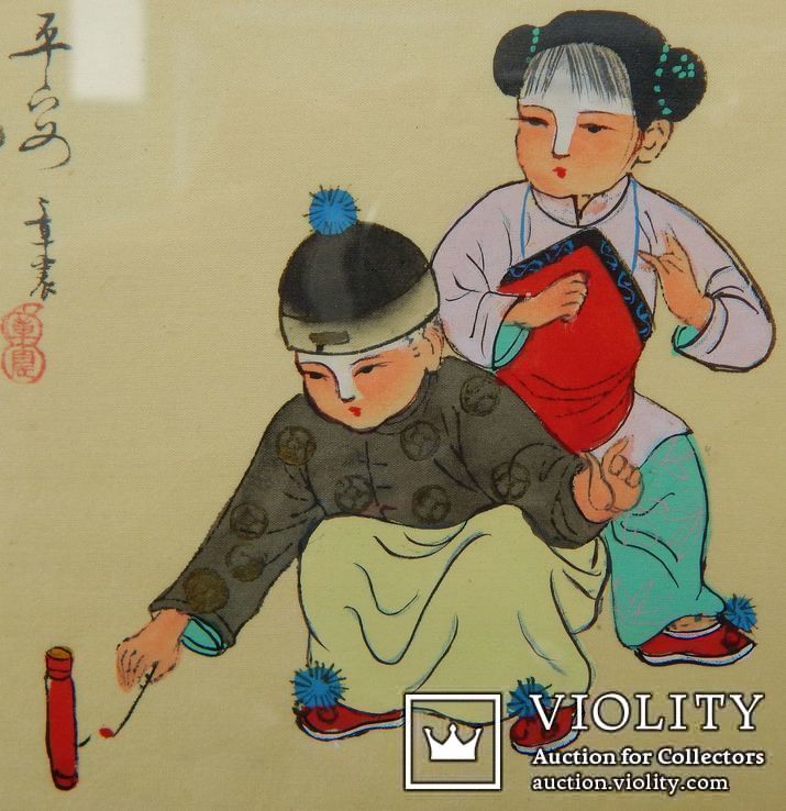 Картина китайская на шёлке Дети с питардой, 1970-1980 г.в., фото №5